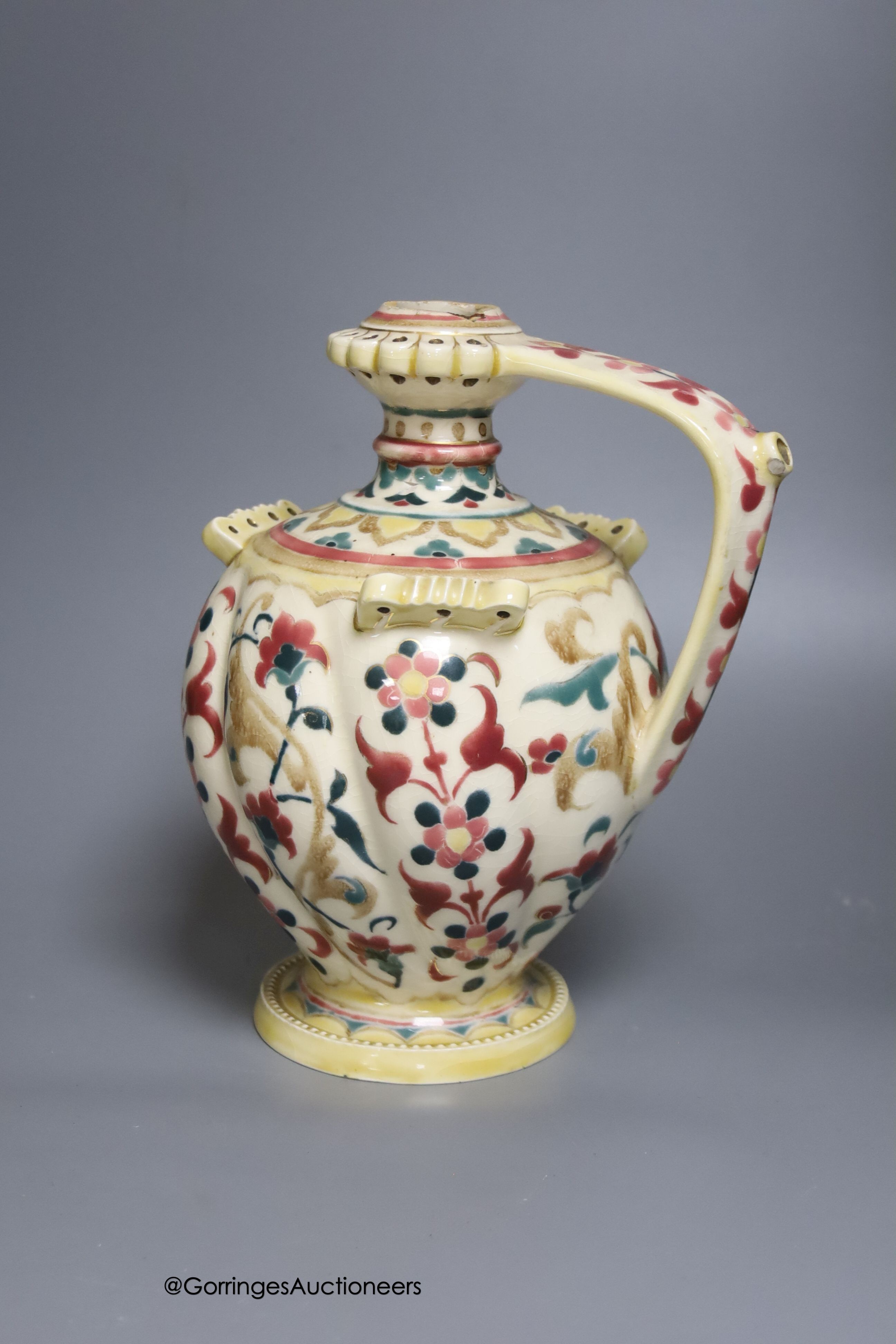 A Zsolnay Pecs polychrome ewer and a Zsolnay studio vase, height 34cm